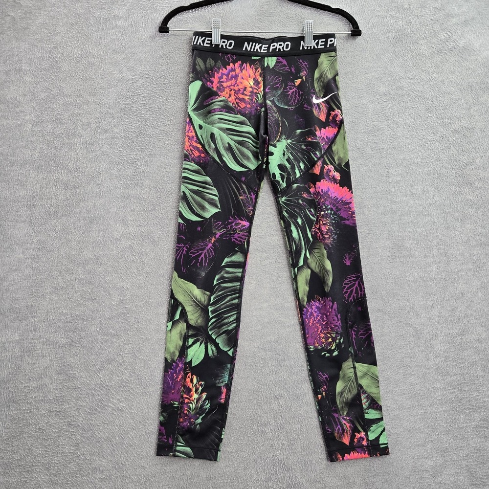 Nike Girls Activewear Pants L Black Floral Dri-Fit Logo 26" Inseam